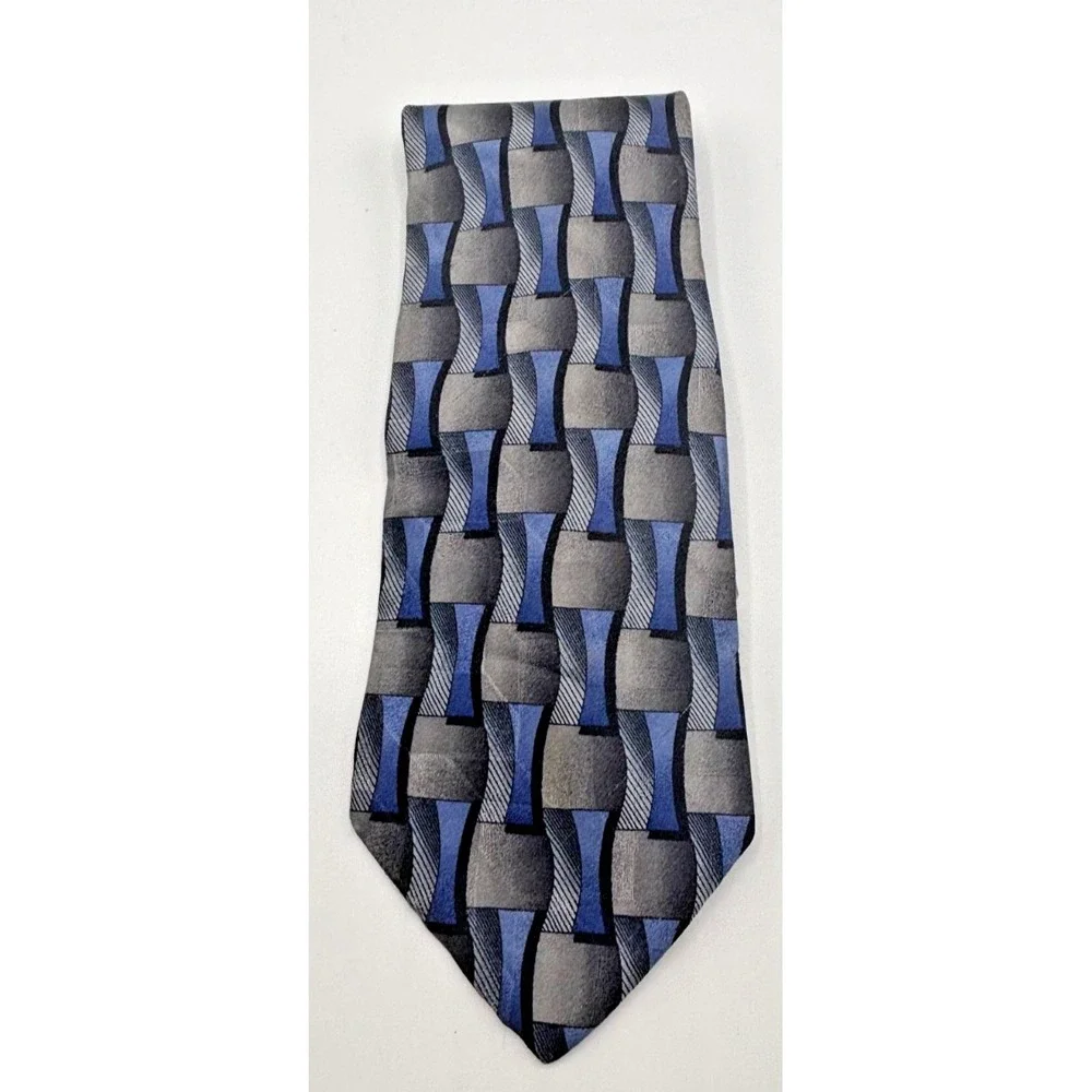 Joseph & Feiss International Men's Silk Neck Tie, Blue/Black Geometric Pattern